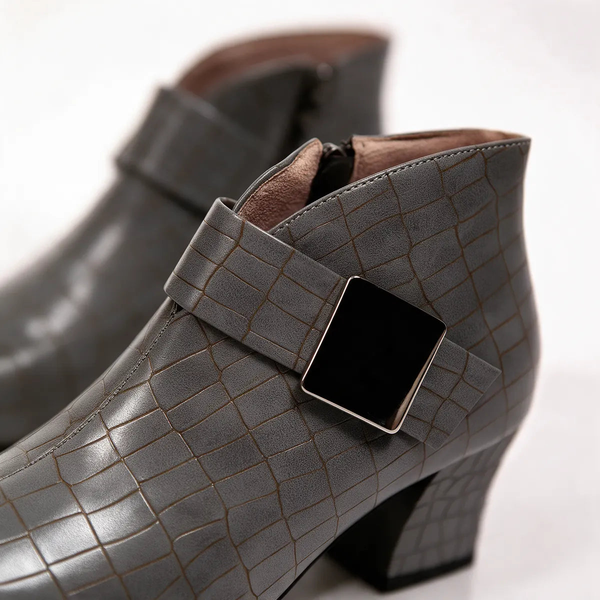 Women's Croc Ankle Boots with Buckle Strap & Block Heel - Close Up Buckle