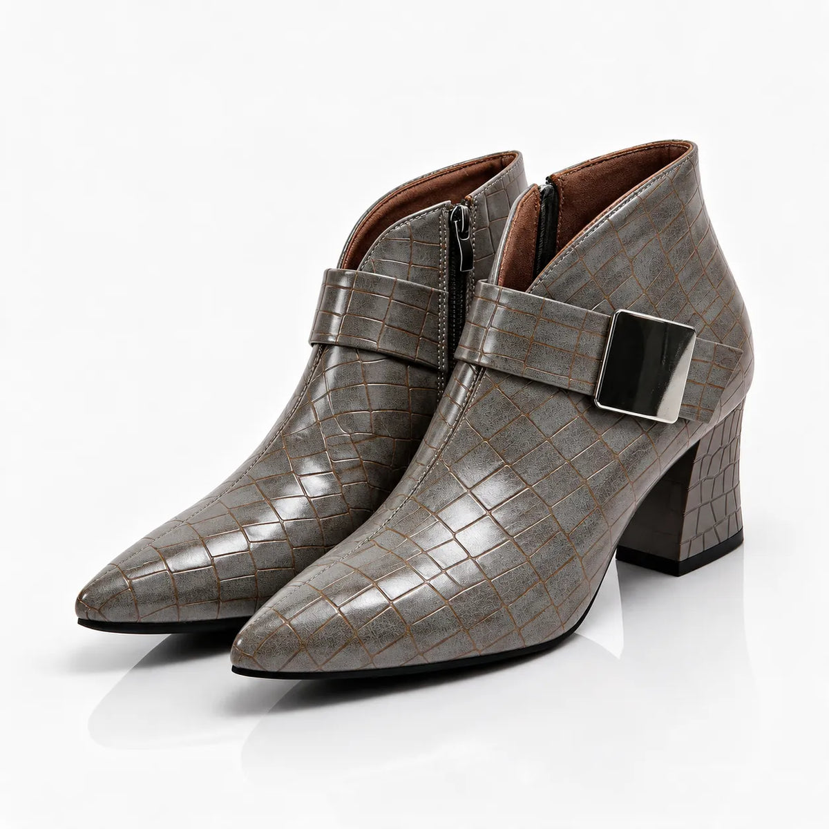 Gray Women's Croc Ankle Boots with Buckle Strap & Block Heel - Front Full