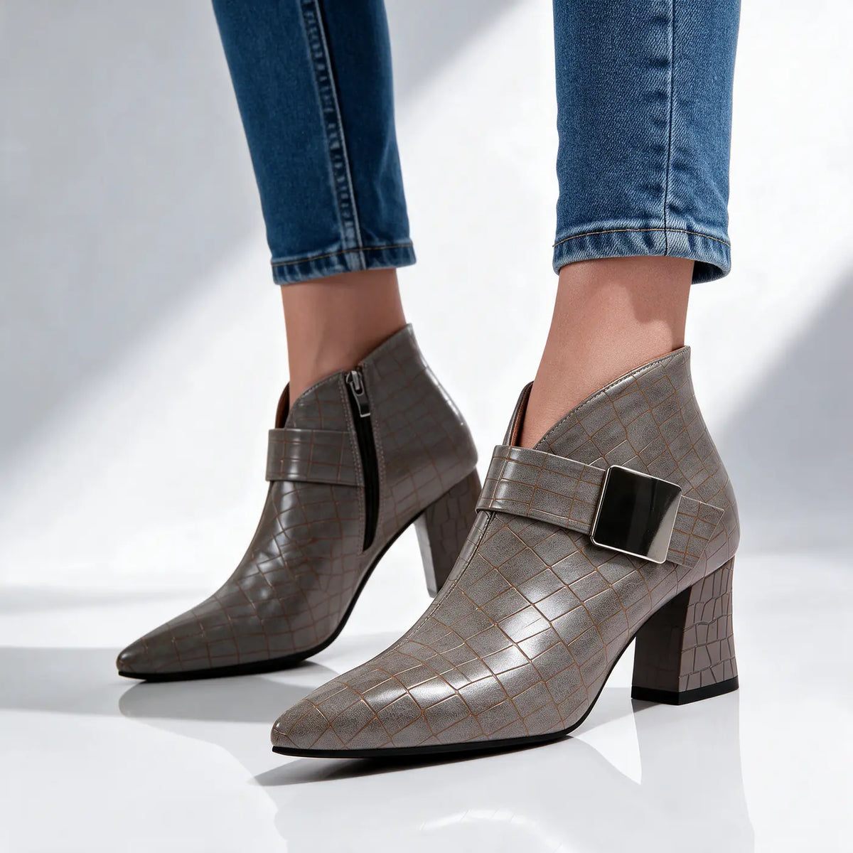 Women's Croc Ankle Boots with Buckle Strap & Block Heel
