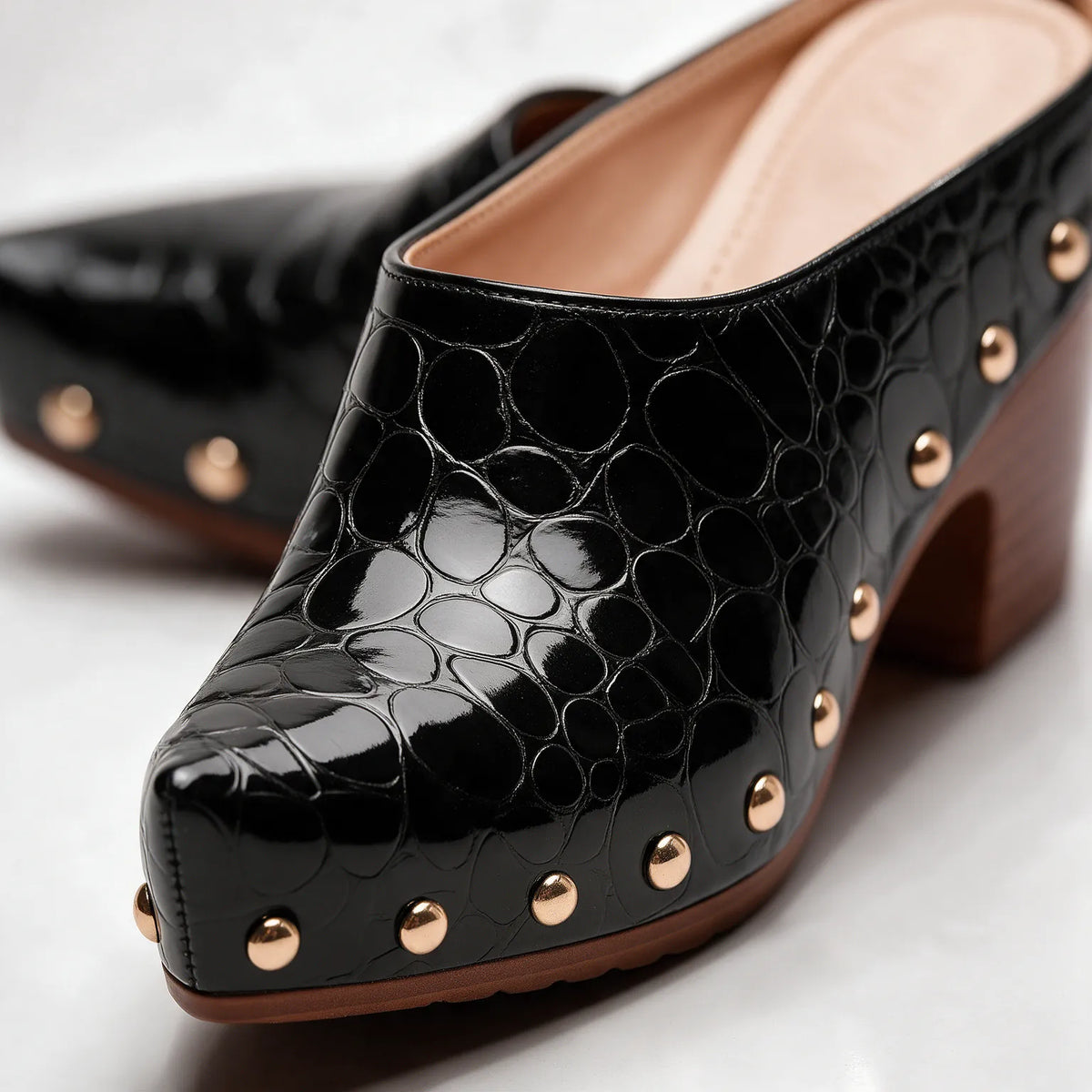 Women's Studded Mules with Croc-Embossed Pointed Toe & Cushioned Insole - Close Up Stud Detail