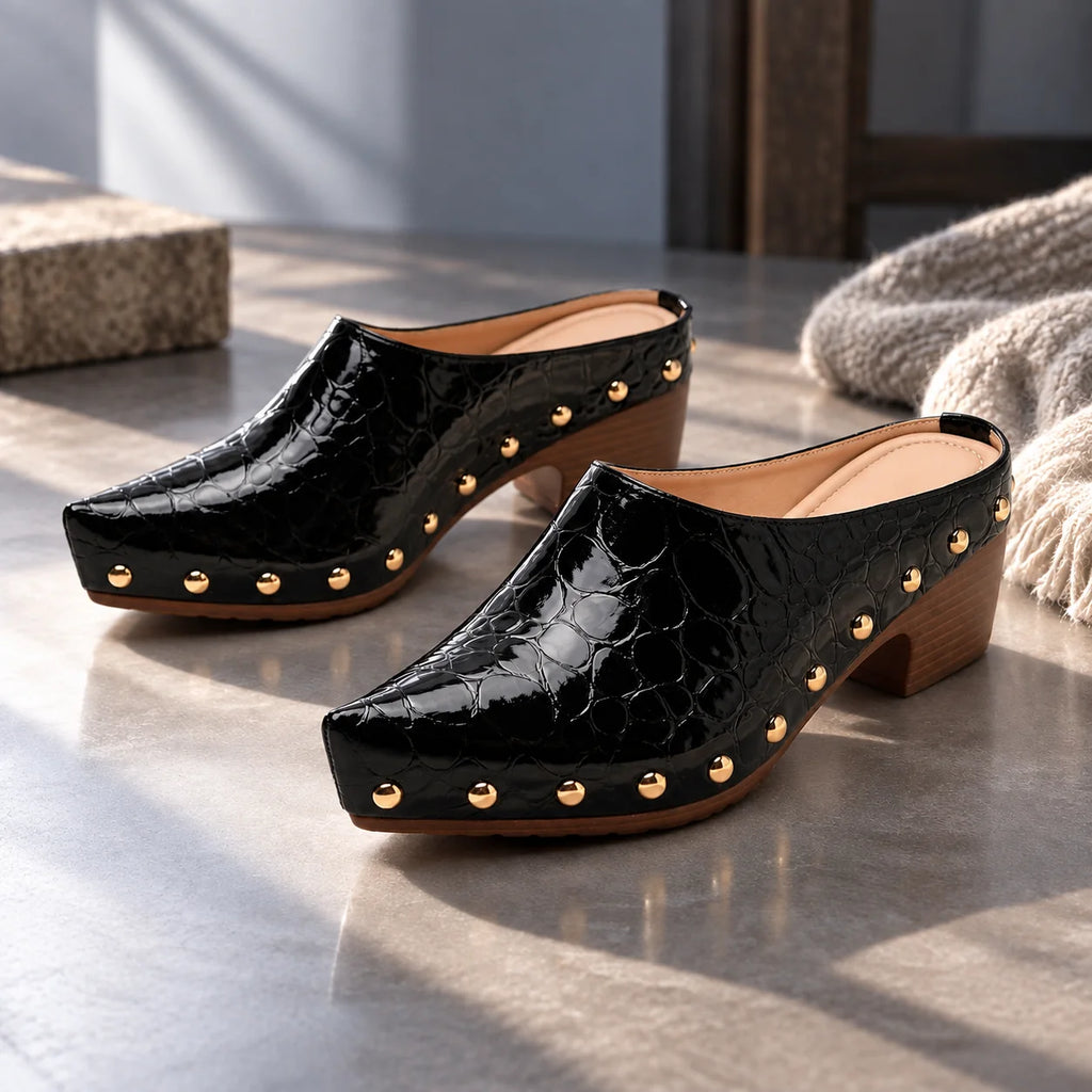 Women's Studded Mules with Croc-Embossed Pointed Toe & Cushioned Insole - Countertop Pair Angle