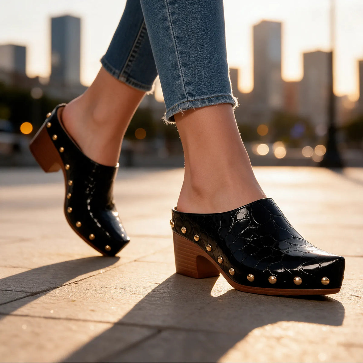 Women's Studded Mules with Croc-Embossed Pointed Toe & Cushioned Insole - Worn Lifestyle Stride