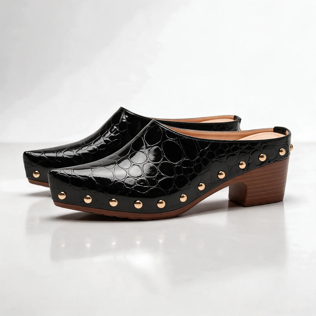 Black Women's Studded Mules with Croc-Embossed Pointed Toe & Cushioned Insole