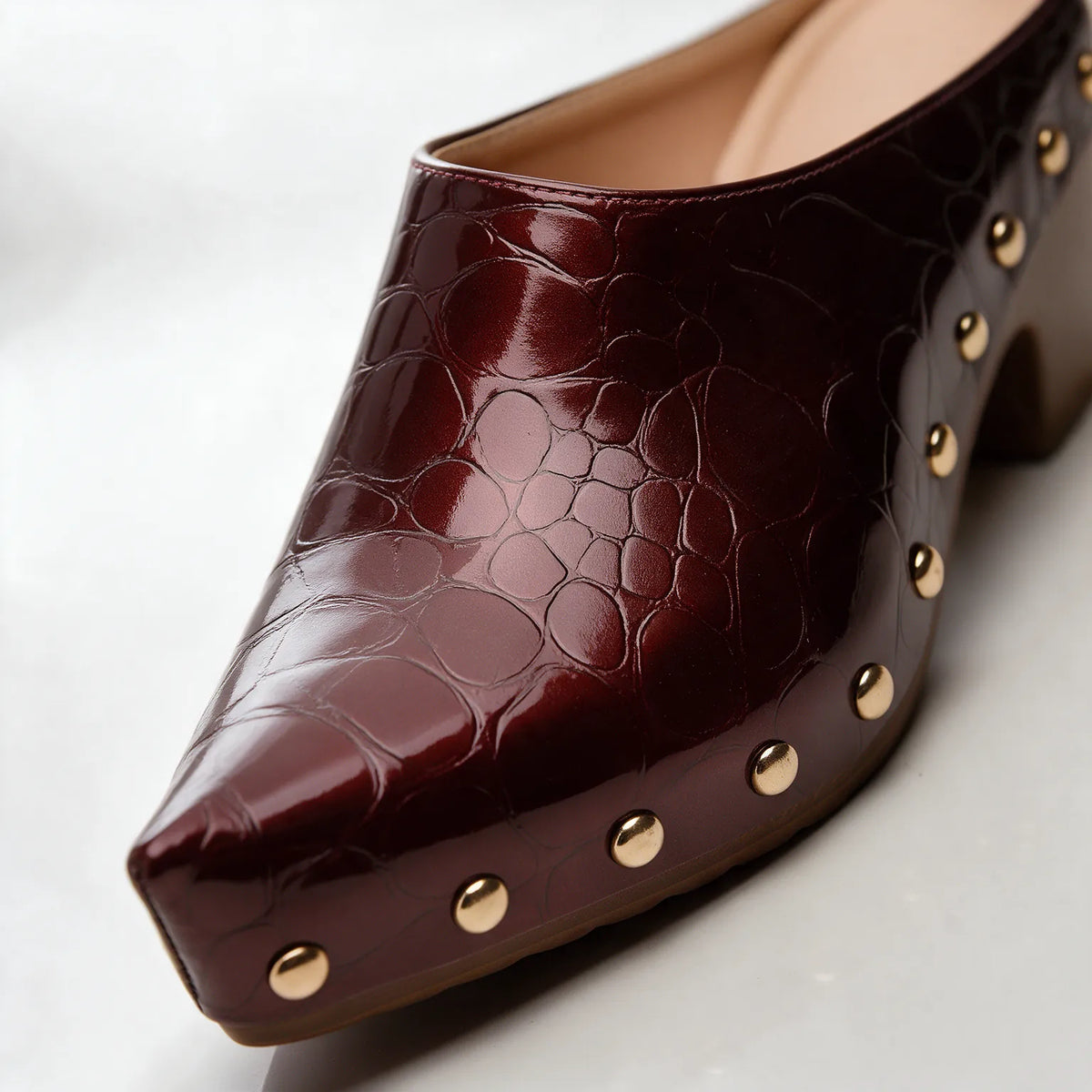 Women's Studded Mules with Croc-Embossed Pointed Toe & Cushioned Insole - Close Up Heel Detail
