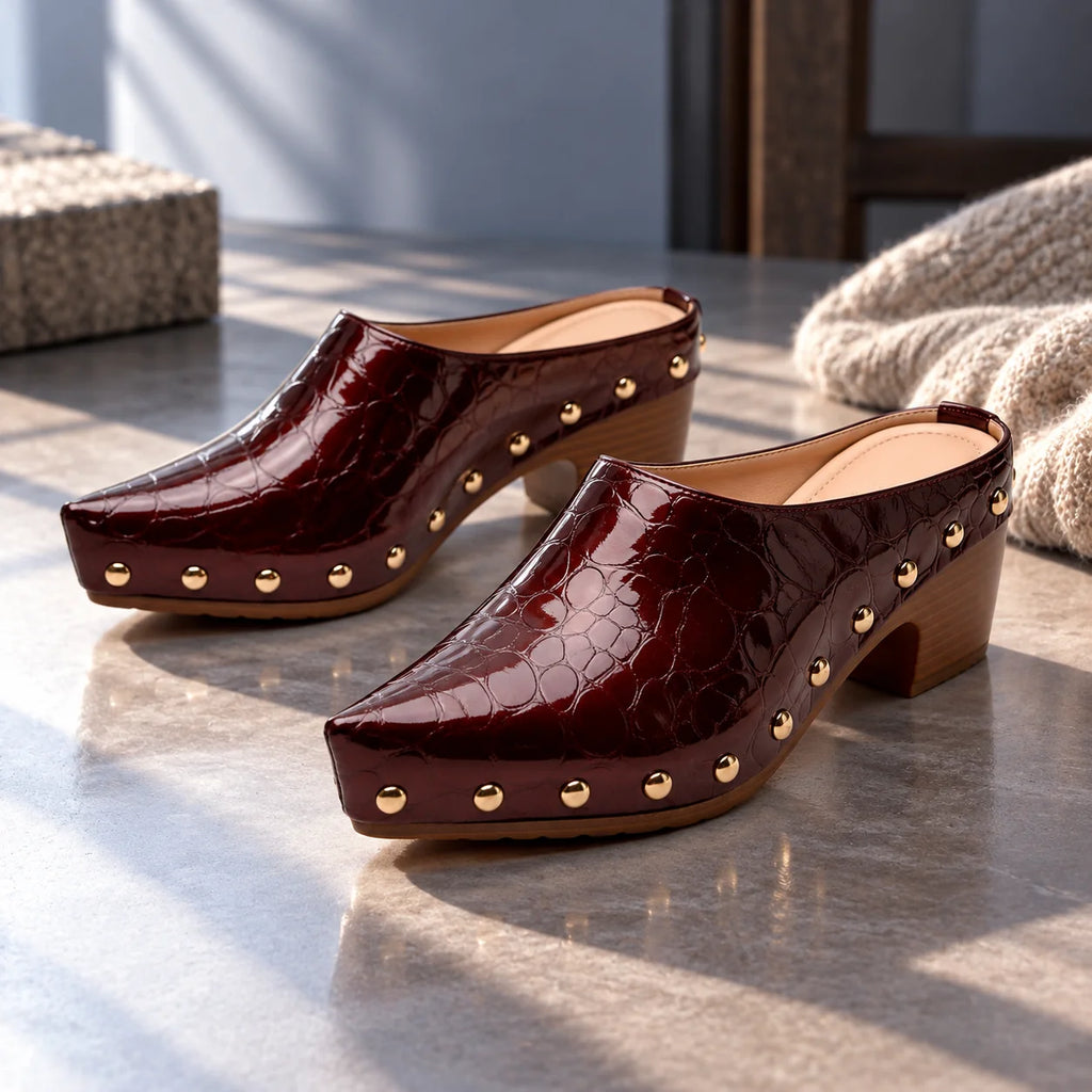 Women's Studded Mules with Croc-Embossed Pointed Toe & Cushioned Insole - Countertop Pair Pose