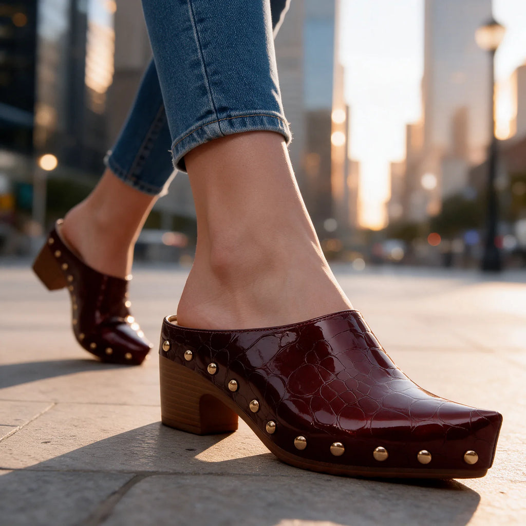 Women's Studded Mules with Croc-Embossed Pointed Toe & Cushioned Insole - Worn Lifestyle Closeup