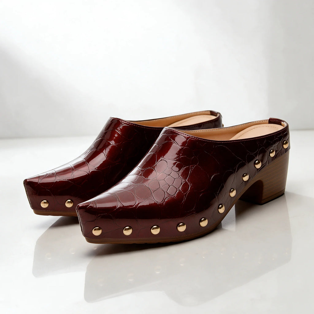 Burgundy Women's Studded Mules with Croc-Embossed Pointed Toe & Cushioned Insole