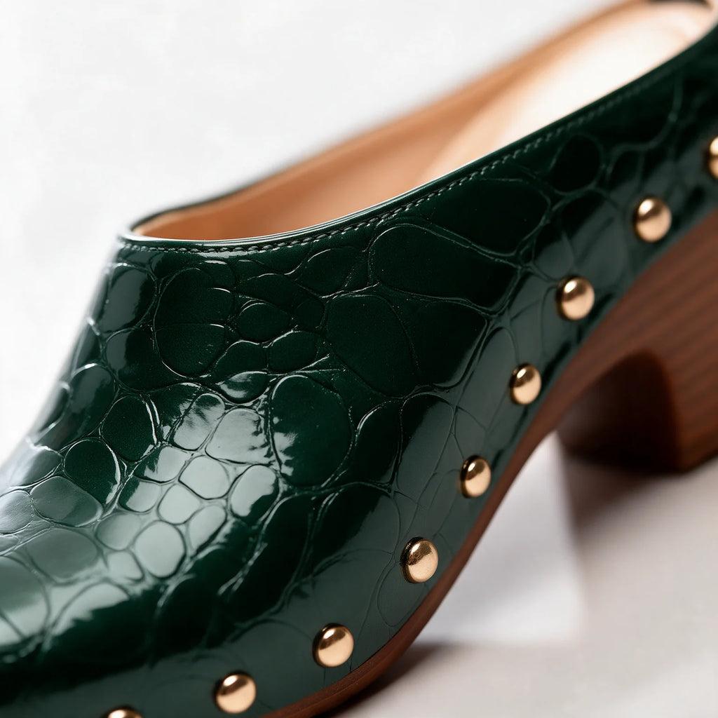Women's Studded Mules with Croc-Embossed Pointed Toe & Cushioned Insole - Close Up Toe Detail