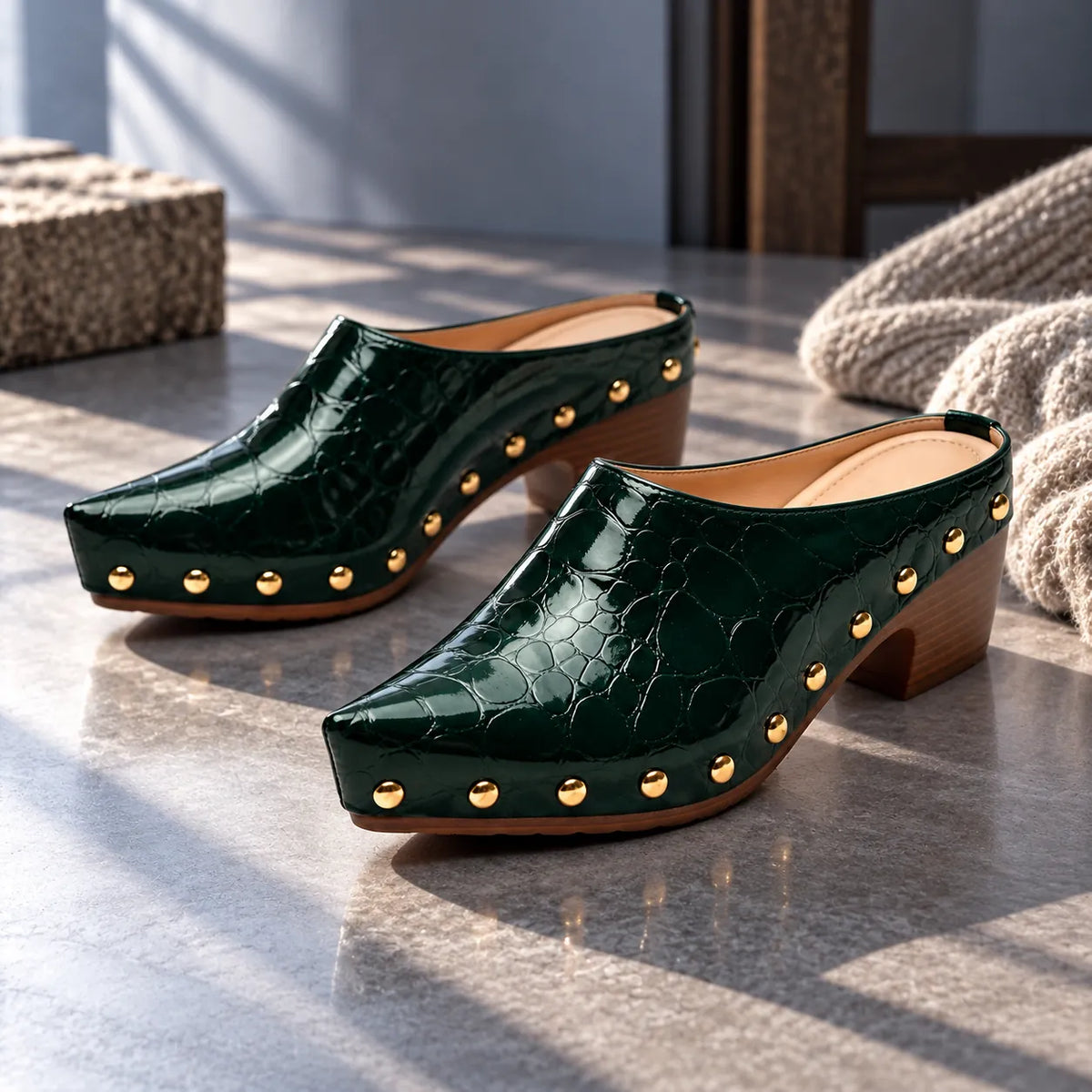 Women's Studded Mules with Croc-Embossed Pointed Toe & Cushioned Insole - Countertop Side Pose