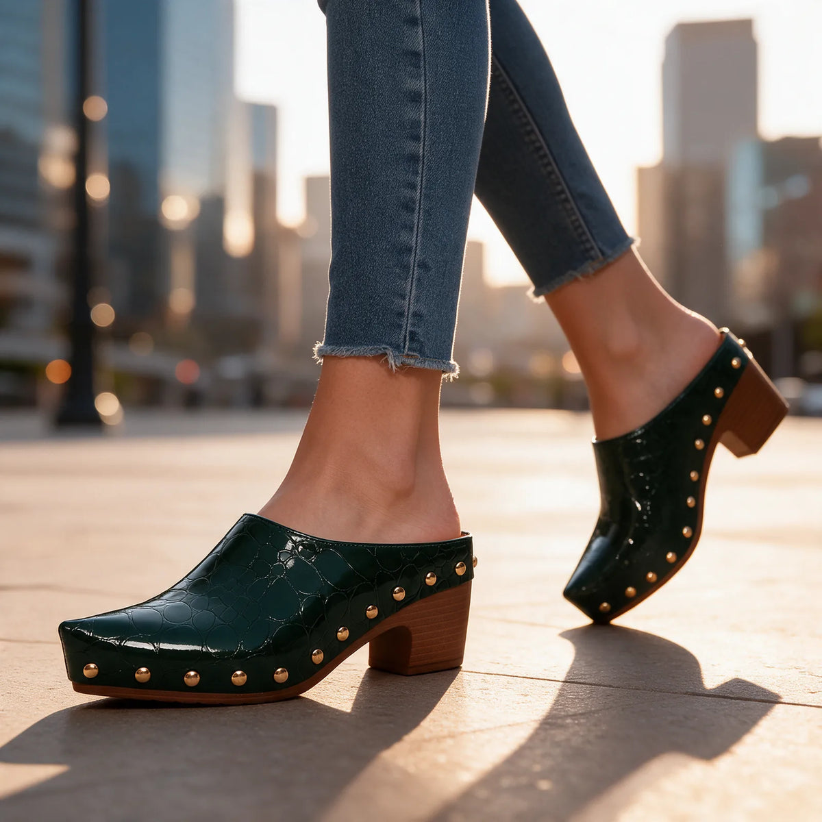 Women's Studded Mules with Croc-Embossed Pointed Toe & Cushioned Insole - Worn Lifestyle Walking