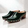 Green Women's Studded Mules with Croc-Embossed Pointed Toe & Cushioned Insole