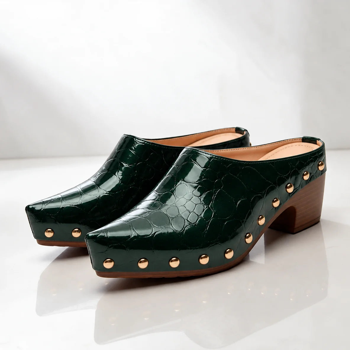 Green Women's Studded Mules with Croc-Embossed Pointed Toe & Cushioned Insole