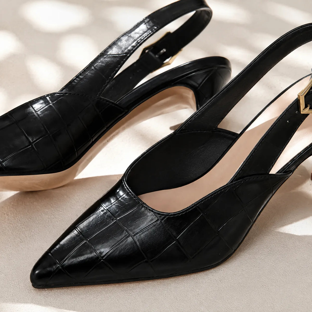 Black Women's Croc Kitten Heels with Slingback Buckle Strap — Pippa - Close Up Heel Detail
