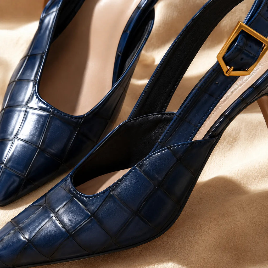 Women's Croc Kitten Heels with Slingback Buckle Strap - Close Up Buckle Detail