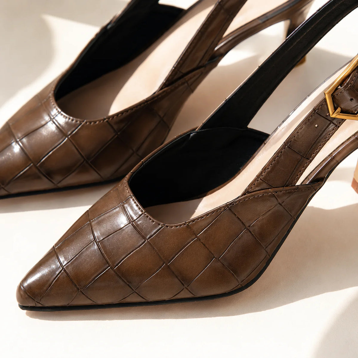 Brown Women's Croc Kitten Heels with Slingback Buckle Strap — Pippa - Close Up Strap Detail