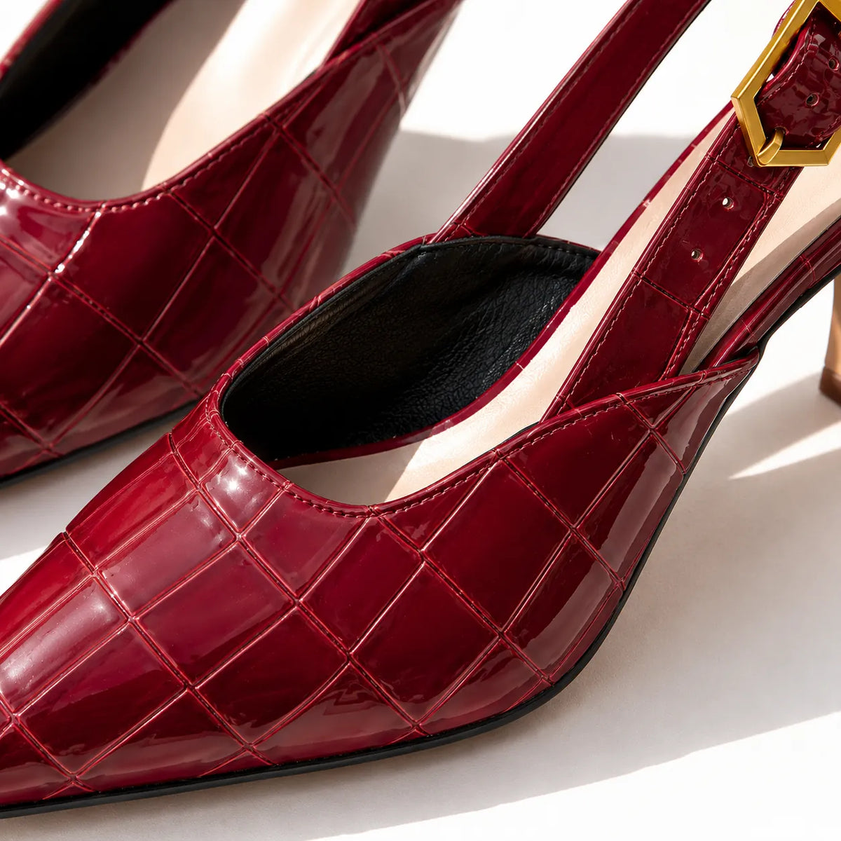 Red Women's Croc Kitten Heels with Slingback Buckle Strap — Pippa - Close Up Toe Detail