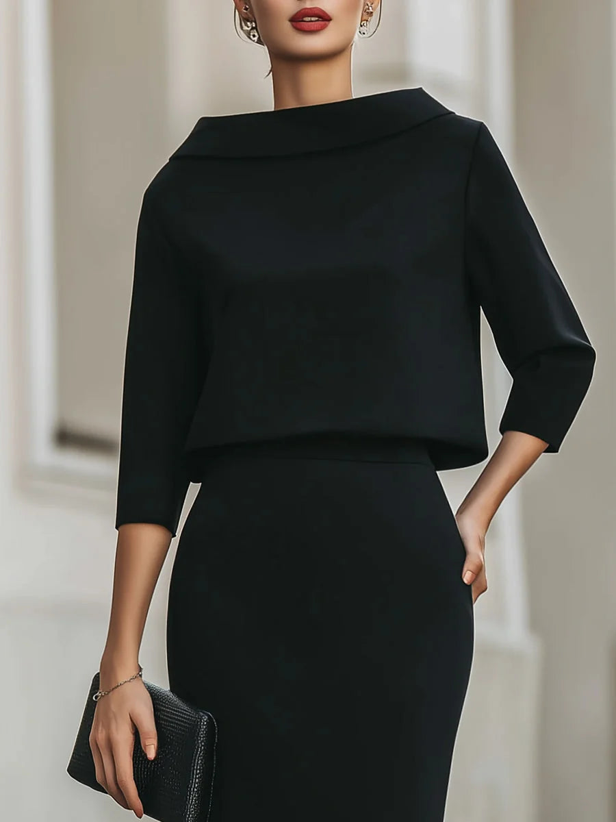 Women's Crop Top and Midi Skirt Set with Three-Quarter Sleeves & Fitted Midi Skirt - Close Up Neckline
