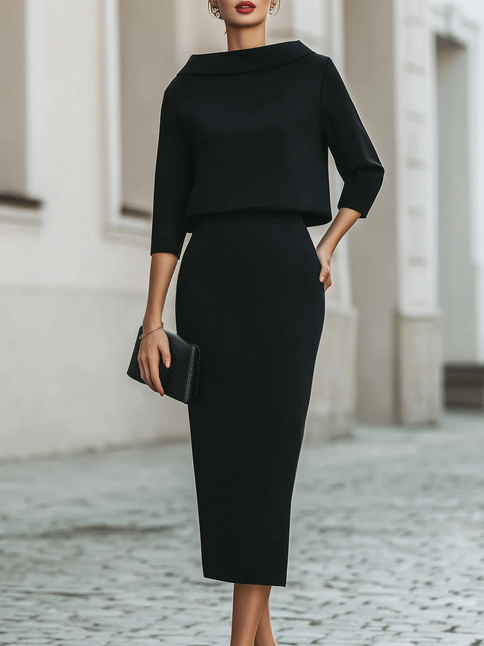 Black Women's Crop Top and Midi Skirt Set with Three-Quarter Sleeves & Fitted Midi Skirt