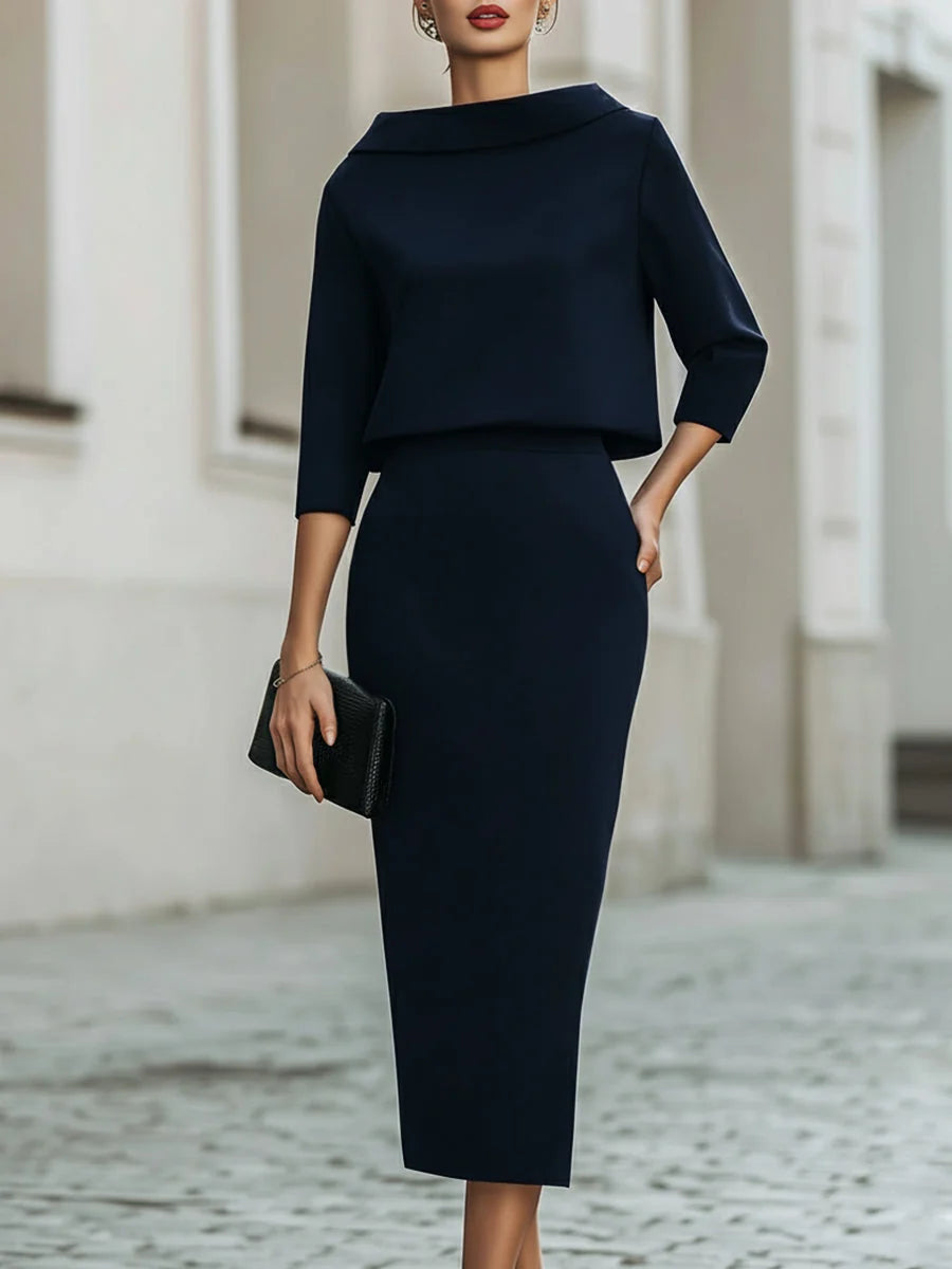Navy Women's Crop Top and Midi Skirt Set with Three-Quarter Sleeves & Fitted Midi Skirt