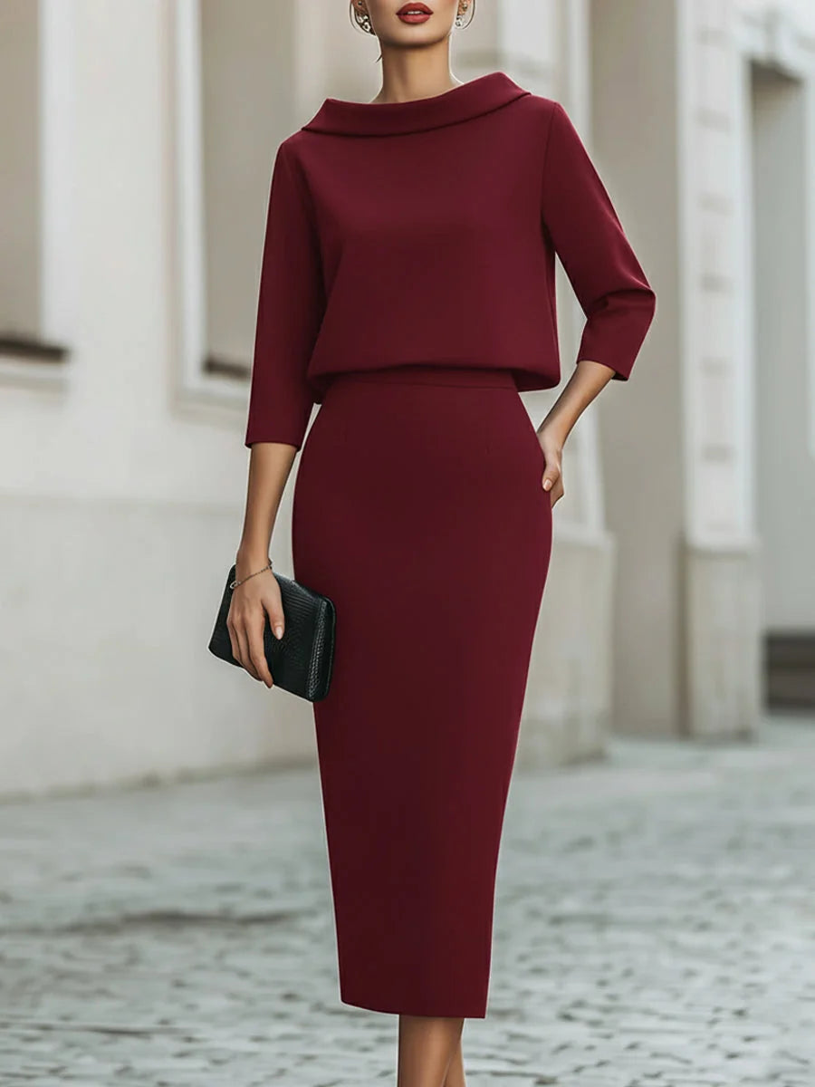 Red Women's Crop Top and Midi Skirt Set with Three-Quarter Sleeves & Fitted Midi Skirt
