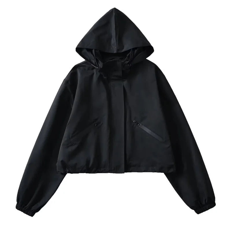 Black Women's Cropped Rain Jacket with Hood & Zip Pockets