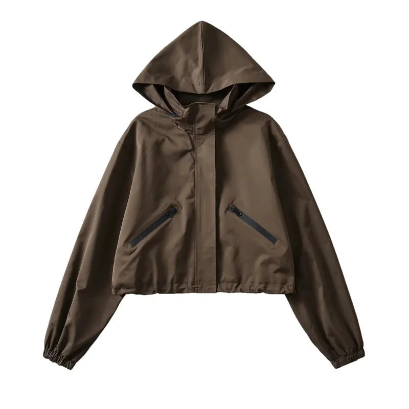 Brown Women's Cropped Rain Jacket with Hood & Zip Pockets
