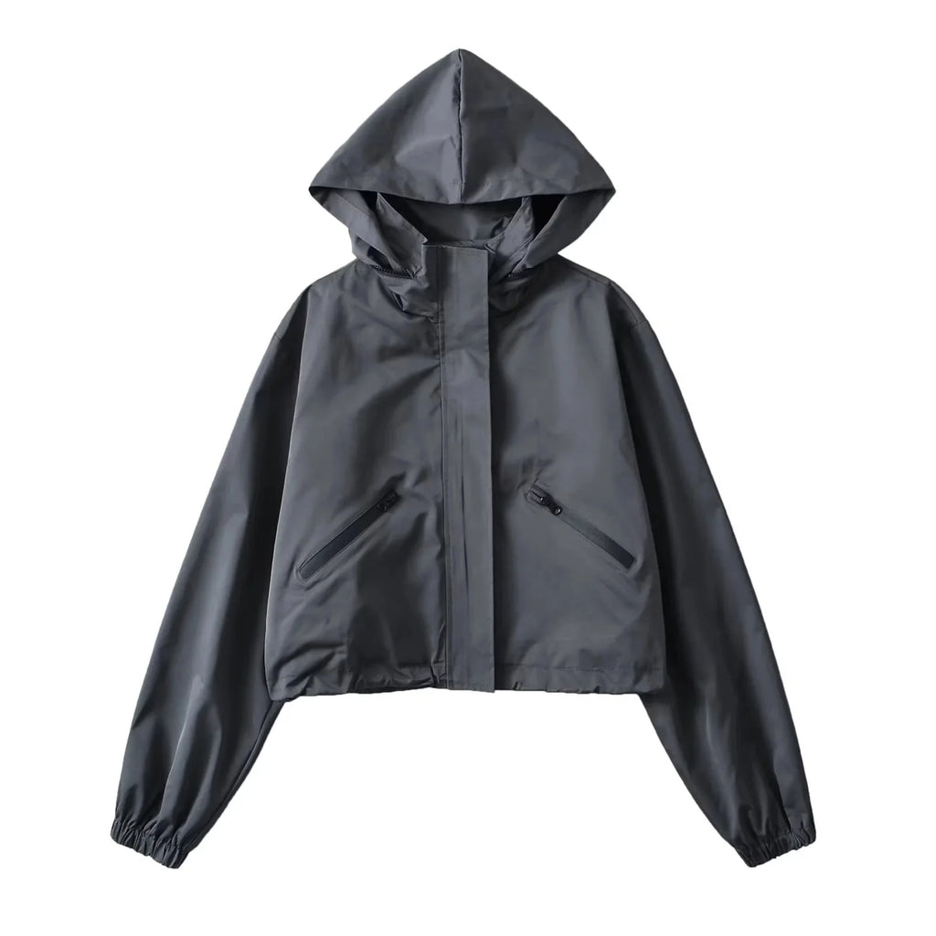 Women's Cropped Rain Jacket with Hood & Zip Pockets - Gray Front Full Hood Up