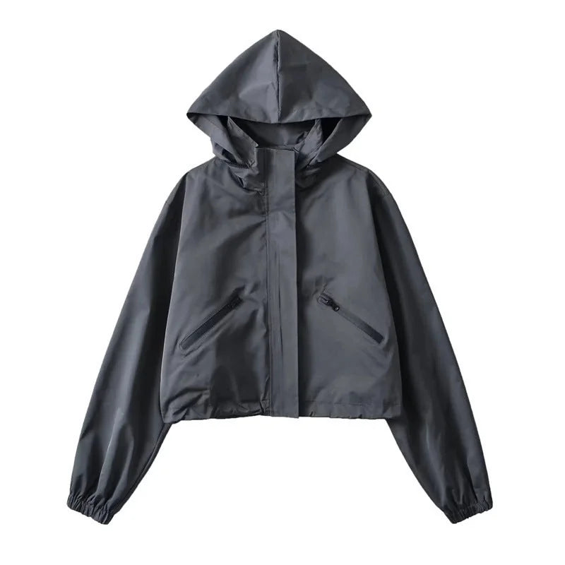 Charcoal Gray Women's Cropped Rain Jacket with Hood & Zip Pockets - Front Full