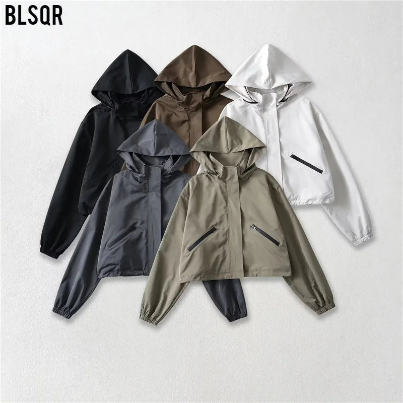 Women's Cropped Rain Jacket with Hood & Zip Pockets - Green Flat Lay Collection