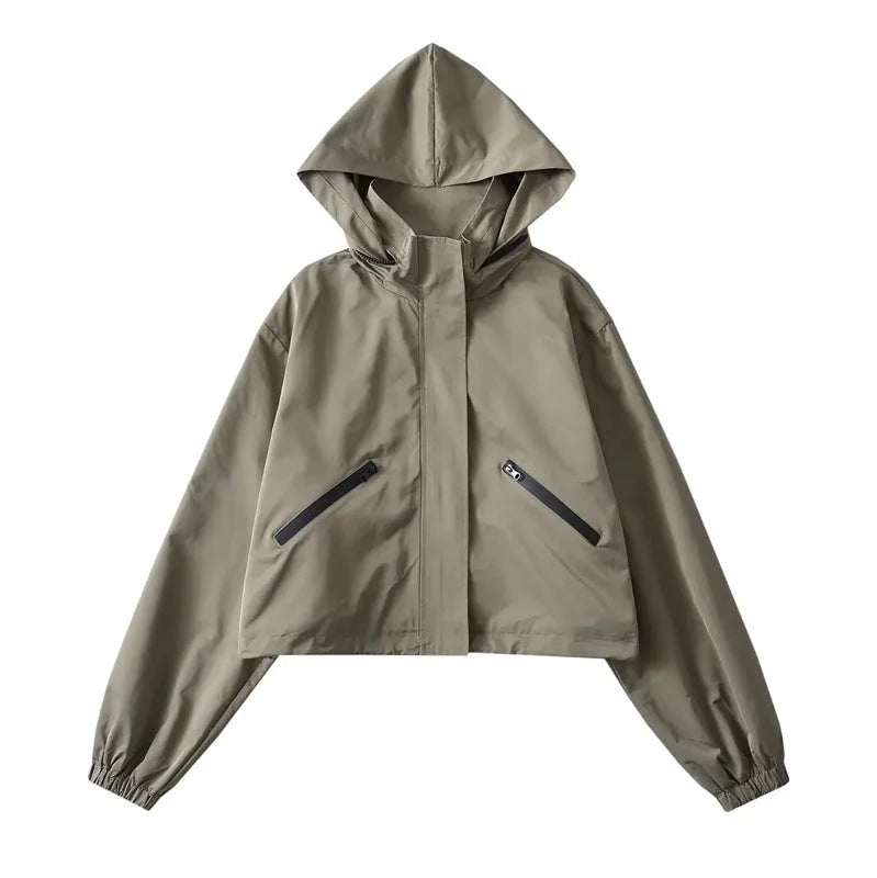 Copper Green Women's Cropped Rain Jacket with Hood & Zip Pockets - Front Full Olive