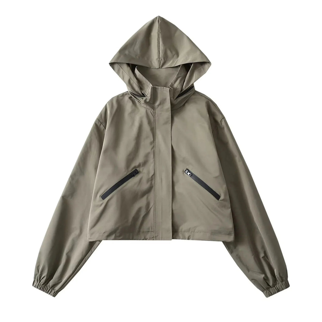 Women's Cropped Rain Jacket with Hood & Zip Pockets - Green Front Full Studio
