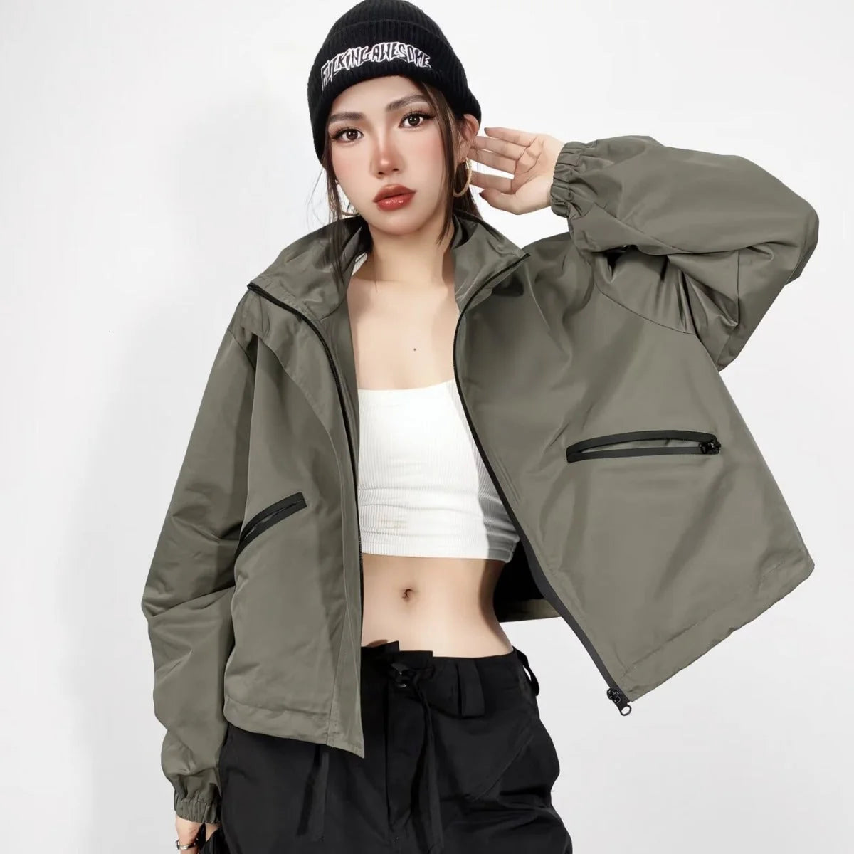 Women's Cropped Rain Jacket with Hood & Zip Pockets - Green Worn Lifestyle Front