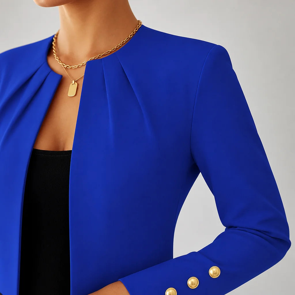 Blue Women's Cropped Blazer with Pleated Shoulders & Button Cuffs — Riley - Close Up Detail