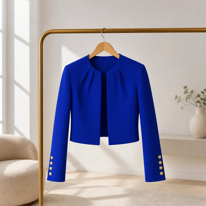 Blue Women's Cropped Blazer with Pleated Shoulders & Button Cuffs — Riley - Front Full