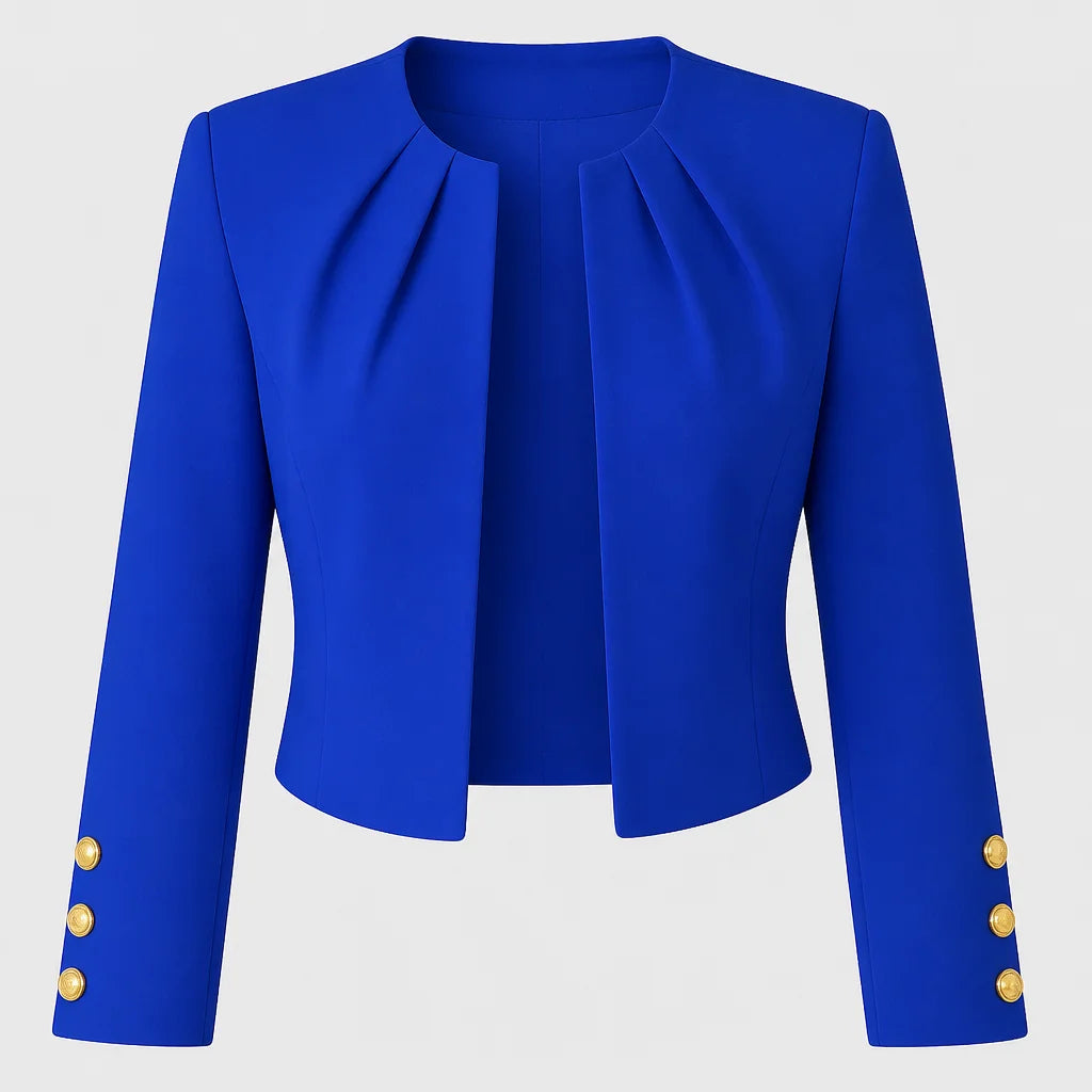 Blue Women's Cropped Blazer with Pleated Shoulders & Button Cuffs
