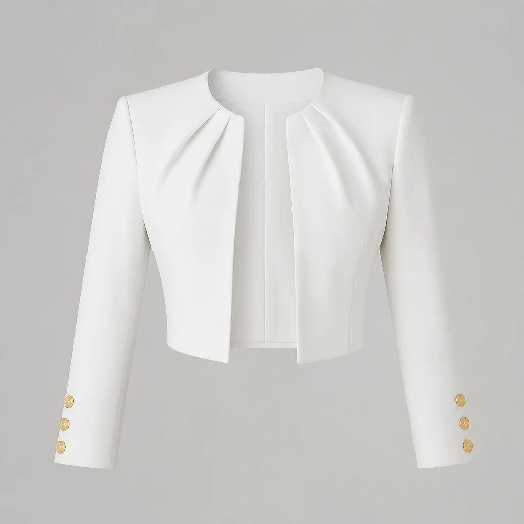 White Women's Cropped Blazer with Pleated Shoulders & Button Cuffs - Studio Flat Lay