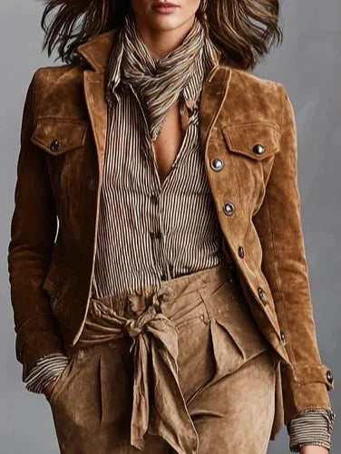 Brown Women's Suede Coat with Cropped Silhouette & Button-Front Closure — Ottilie - Close Up Front