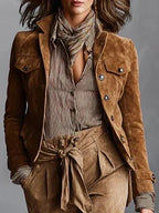 Brown Women's Suede Coat with Cropped Silhouette & Button-Front Closure — Ottilie - Close Up Front