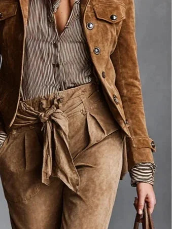 Brown Women's Suede Coat with Cropped Silhouette & Button-Front Closure — Ottilie - Waist Tie Detail