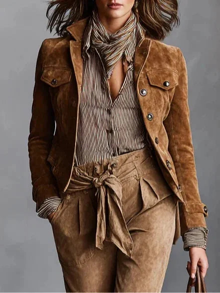 Brown Women's Suede Coat with Cropped Silhouette & Button-Front Closure