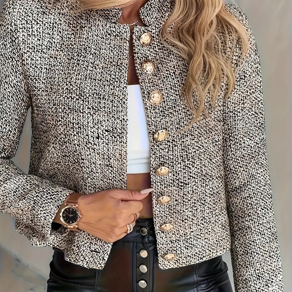 Grey Women's Cropped Blazer with Tweed Pattern & Gold Button Front — Addy