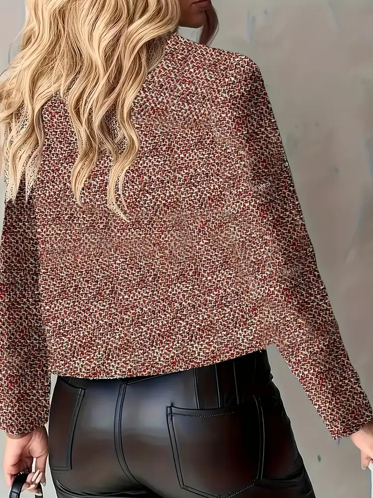Red Women's Cropped Blazer with Tweed Pattern & Gold Button Front — Addy - Back Pose