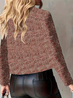 Red Women's Cropped Blazer with Tweed Pattern & Gold Button Front — Addy - Back Pose