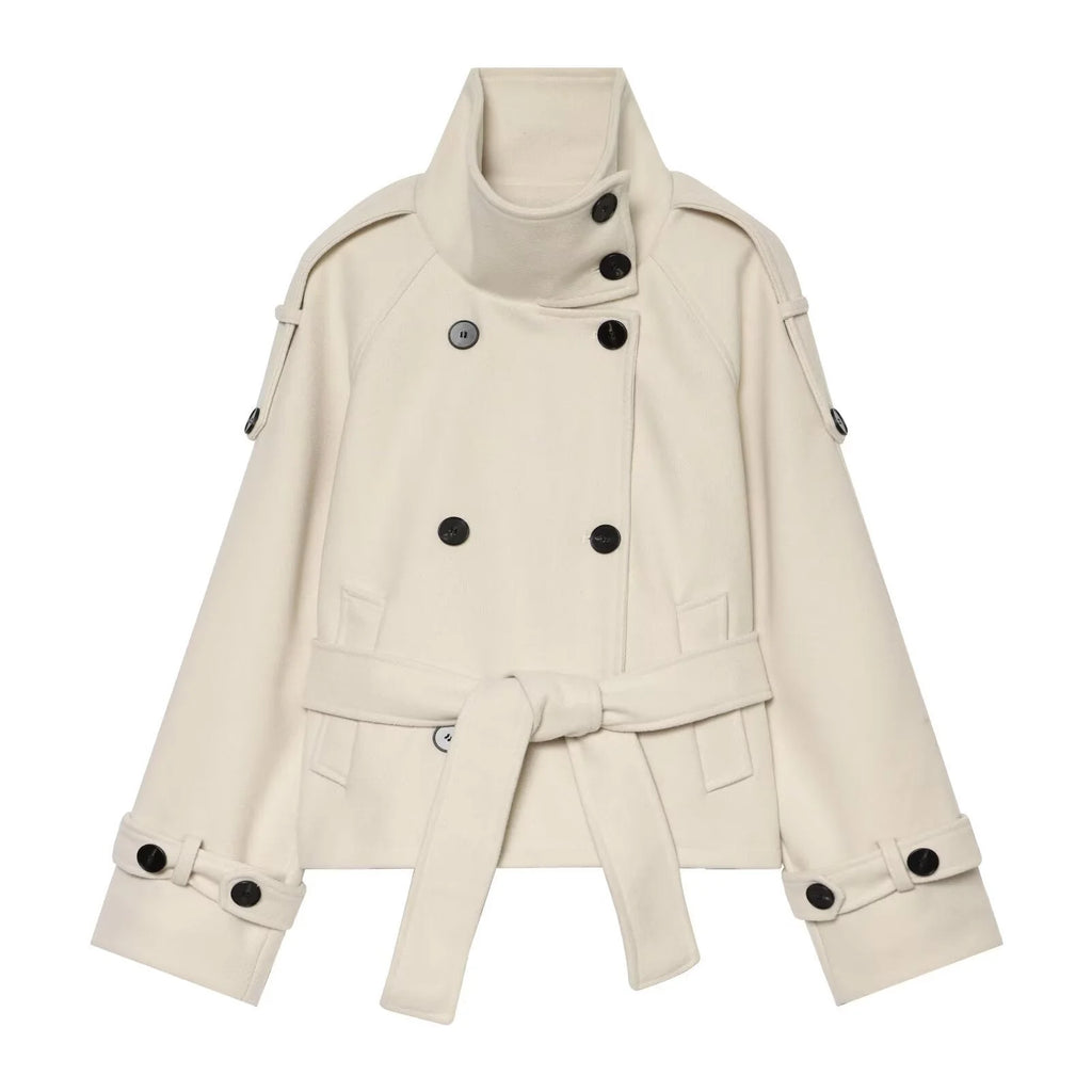 Beige Women's Cropped Wool Cape Coat with Stand Collar & Belted Waist