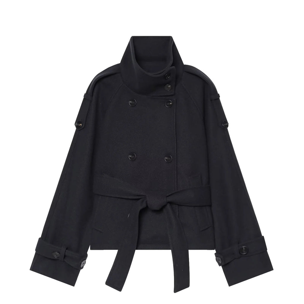 Black Women's Cropped Wool Cape Coat with Stand Collar & Belted Waist