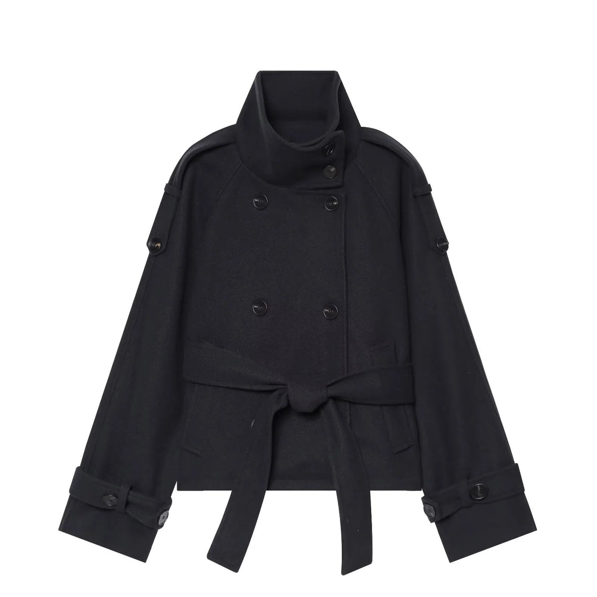 Black Women's Cropped Wool Cape Coat with Stand Collar & Belted Waist