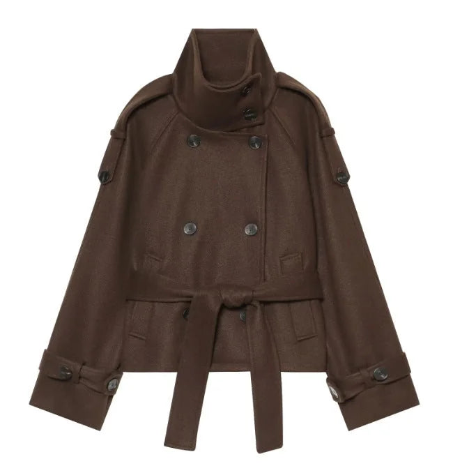 Coffee Brown Women's Cropped Wool Cape Coat with Stand Collar & Belted Waist