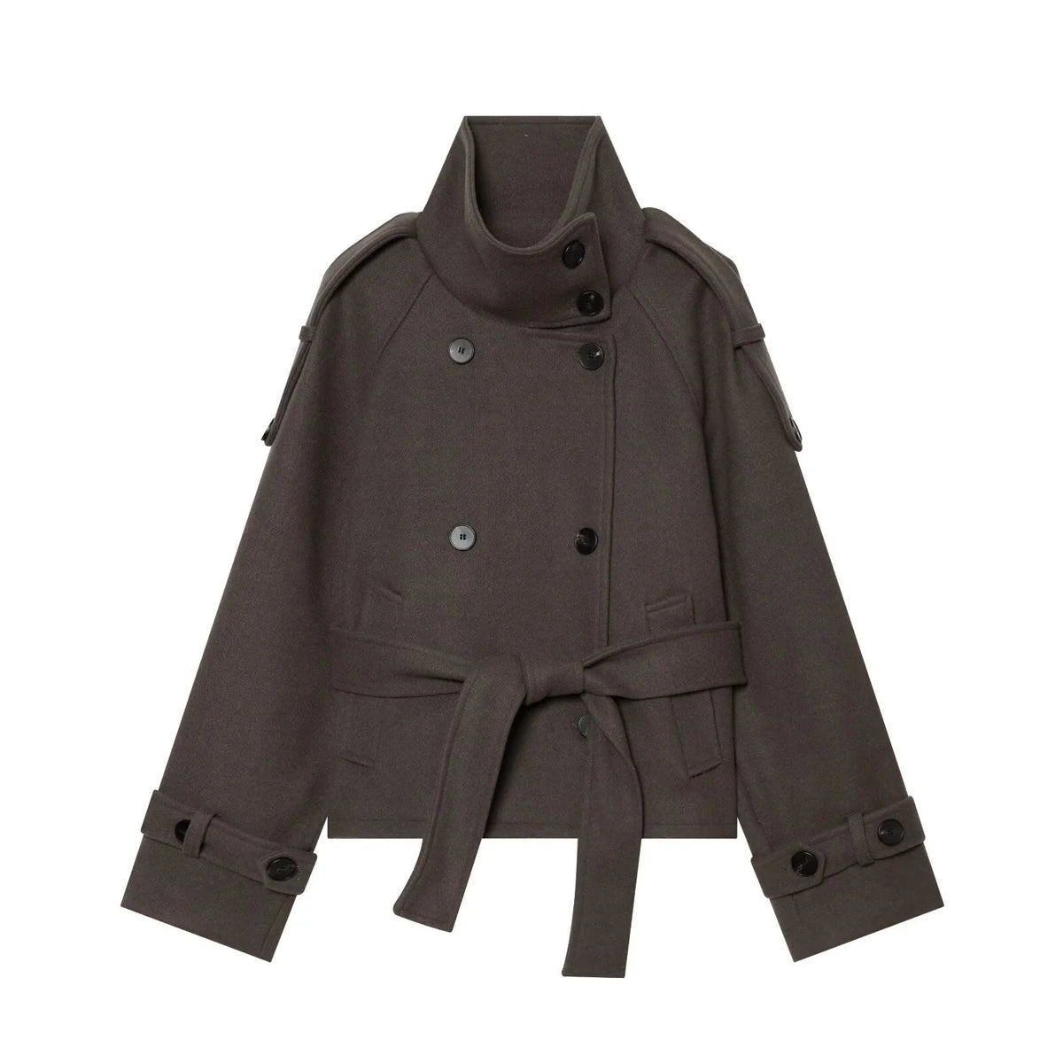 Chestnut Brown Women's Cropped Wool Cape Coat with Stand Collar & Belted Waist