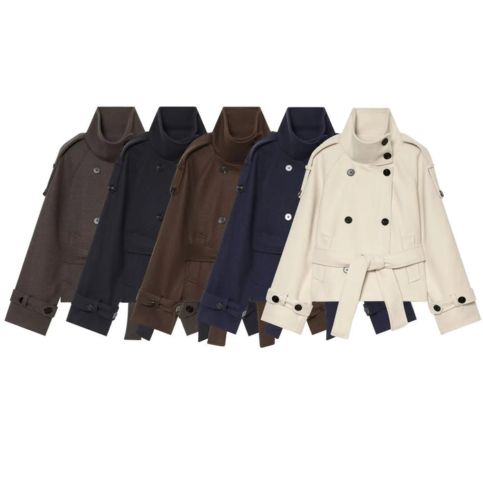 Women's Cropped Wool Cape Coat with Stand Collar & Belted Waist - Flat Lay All Colors
