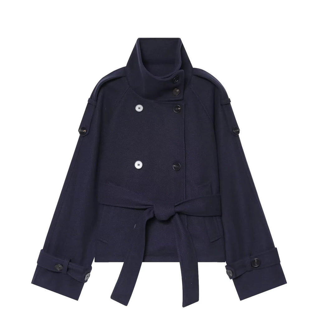 Dark Blue Women's Cropped Wool Cape Coat with Stand Collar & Belted Waist - Front Flat